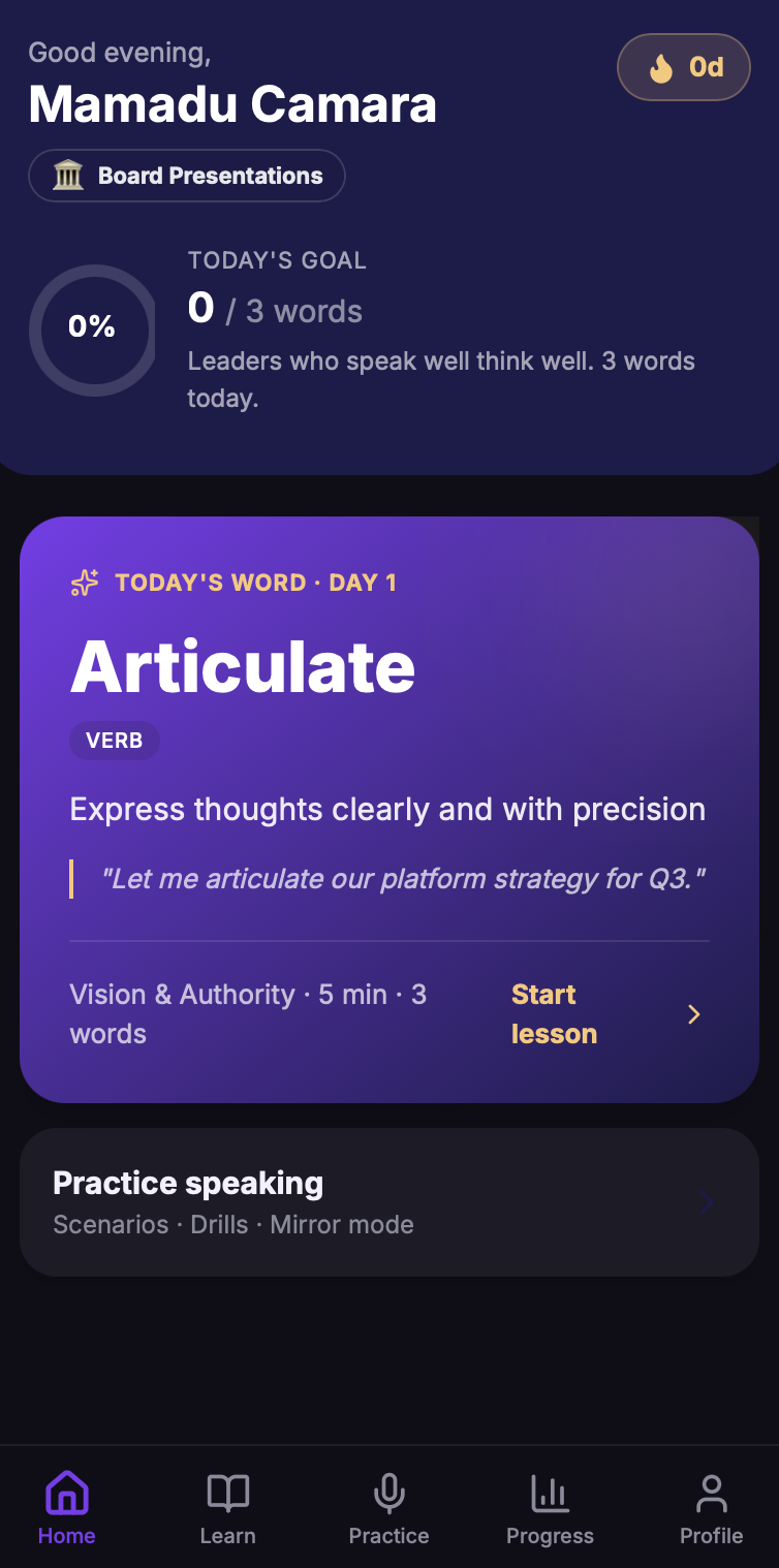 Vokara app home screen showing today's goal, the word of the day and daily lesson